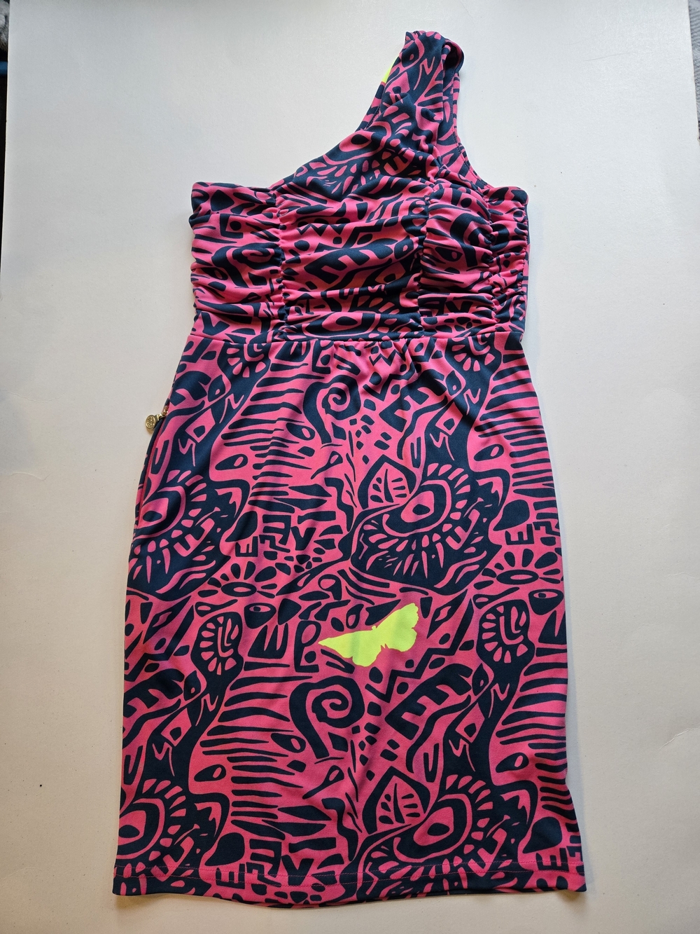 Tracy Negoshian XS One Shoulder Ruched Mini Dress Pink Navy Abstract Y2K DRESS